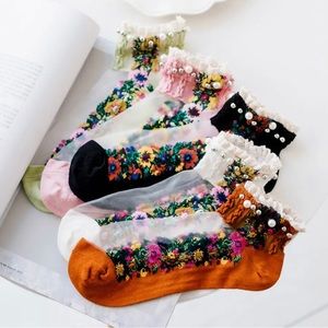 New! Embroidered Dark Florals Sheer Socks And Faux Pearls